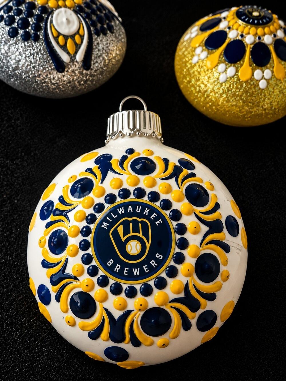 Milwaukee Brewers Hand-Painted Shatterproof Ornament 3” Dot Mandala